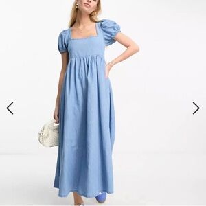 ASOS DESIGN Petite soft denim midi dress with puff sleeve in lightwash blue